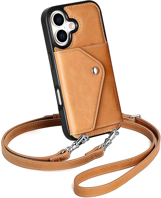 LUCKYCOIN Crossbody Phone Case for iPhone 17,100% Genuine Leather Phone Wallet Case for Women, Fashion Premium Hands-Free Phone Purse with Expandable Flip Card Holder & Adjustable Strap - Retro Tan