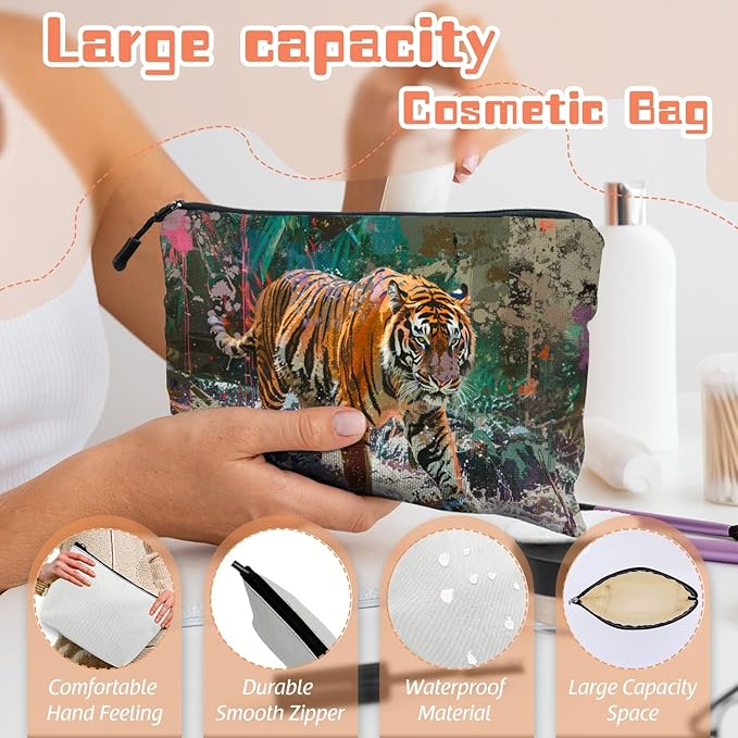 Scribesense Cosmetic Bags Travel Makeup Toilet Case Waterproof Pouch for Women Girls 6.7X9.45inches - Artistic Tiger Walking Through A Splash - Filled Jungle