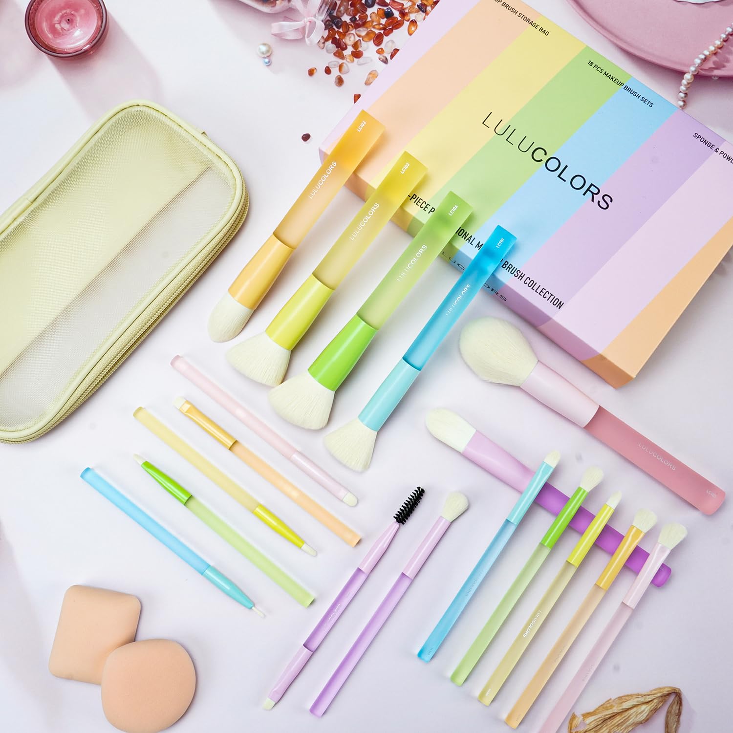 LULUCOLORS 18-Pcs Makeup Brush Set for Beginners - Travel-Friendly with Soft Arthritis-Friendly Handles & Non-Shedding Bristles | Includes Storage Bag, Eyeshadow Brushes & Sponges (Multi-Color)