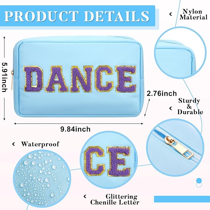 Clysee 6 Pcs Dance Makeup Bag Chenille Cosmetic Bag with Letter Patches, Waterproof Portable Cheerleader Toiletry Zipper Pouch for Girls Women Teachers Appreciation Gifts (Pastel Colors)