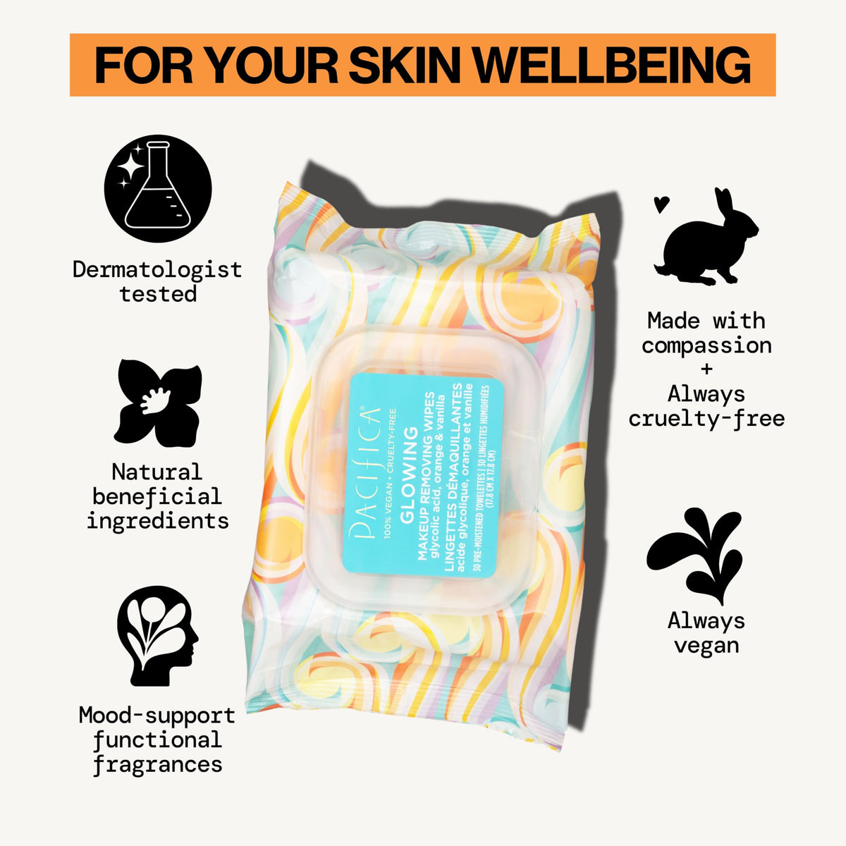 Pacifica Vegan Face Cleansing Wipes, Makeup Remover Wipes w/Glycolic Acid, Aloe Vera & Coconut Water Exfoliating & Hydrating Facial Towelettes for All Skin Types (120 Count) Clean Beauty Cruelty-Free