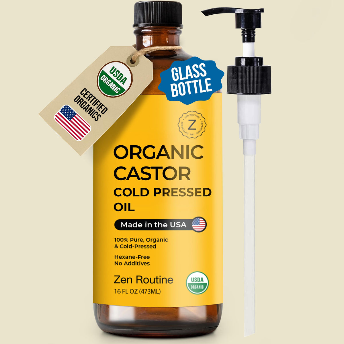 Zen Routine Organic Castor Oil in Glass Bottle – Cold Pressed Hexane Free – For Hair Growth, Face, Eyelash, Skin, Stomach & Castor Pack Wrap – 100% Pure & Unrefined 16 fl oz — Made in USA