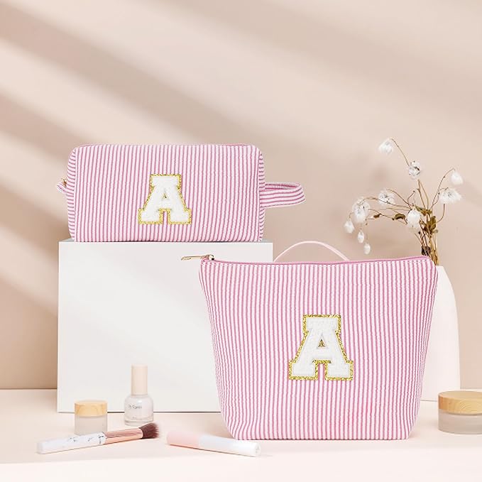 Fohufo Initial Makeup Bag Set - Cute Pink Stuff for Women, Makeup Pouch Cosmetic Bag, Travel Essentials Toiletry Bag, Birthday Christmas Gifts for Women, Light Pink K