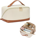 Telena Leather Make Up Bag Portable Travel Makeup Bag Waterproof Cosmetic Bags for Women Large Capacity With Handle and Divider Open Lay Flat