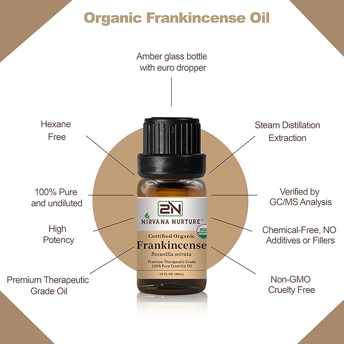 Nirvana Nurture Frankincense Essential Oil, USDA Certified Organic, 100% Pure Undiluted, Aromatherapy Oil for Diffuser, Hair & Skin Care
