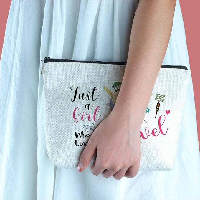 Yegifeyct Travel Lover Gifts Zipper Makeup Bag Travel Cosmetic Bag Just a Girl Who Loves to Travel Unique Birthday Gifts for Women Girl Best Friends Sister