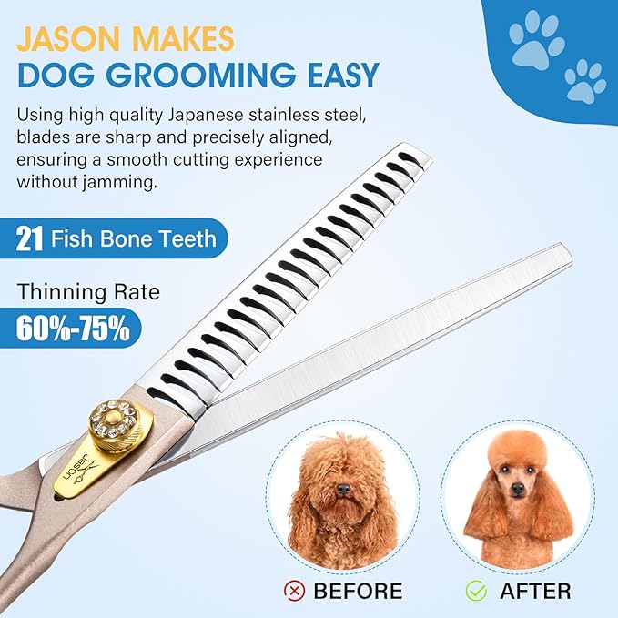 JASON Dog Grooming Chunker Scissors - 7" Thinning Shears 21 Fishbone Teeth
