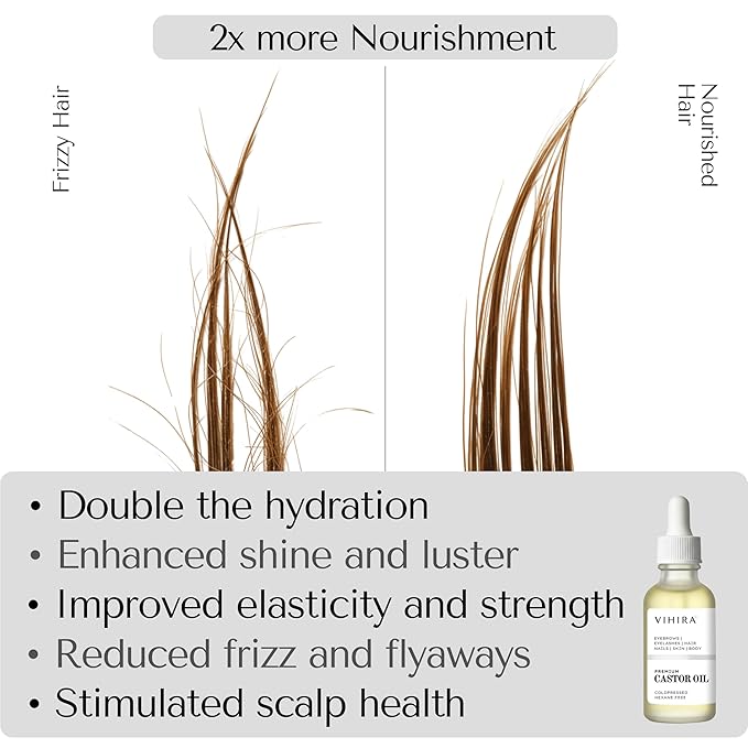 Vihira Organic Golden Castor Oil (16oz | Premium Grade), True Cold Pressed, 100% Pure, Extra Virgin, Hexane Free, for Hair Growth, Eyelash, Eyebrow, Skin, Belly Button, Muscle & Wellness.
