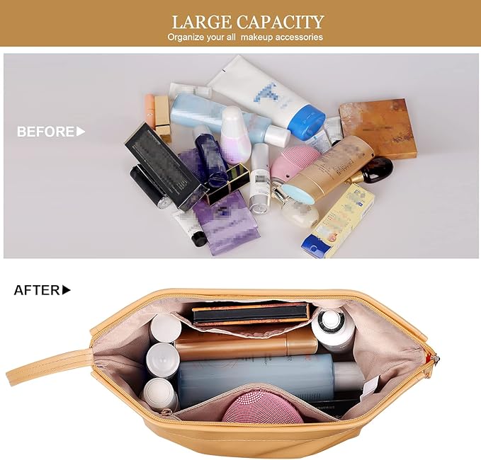 Abiudeng Large Makeup Bag for Women,Travel Makeup Organizer with Brush Holder, Dopp Kit Essentials,Waterproof PU Cosmetic Bag for Traveling,Multi Compartment, Cute,Spacious Capacity-yellow