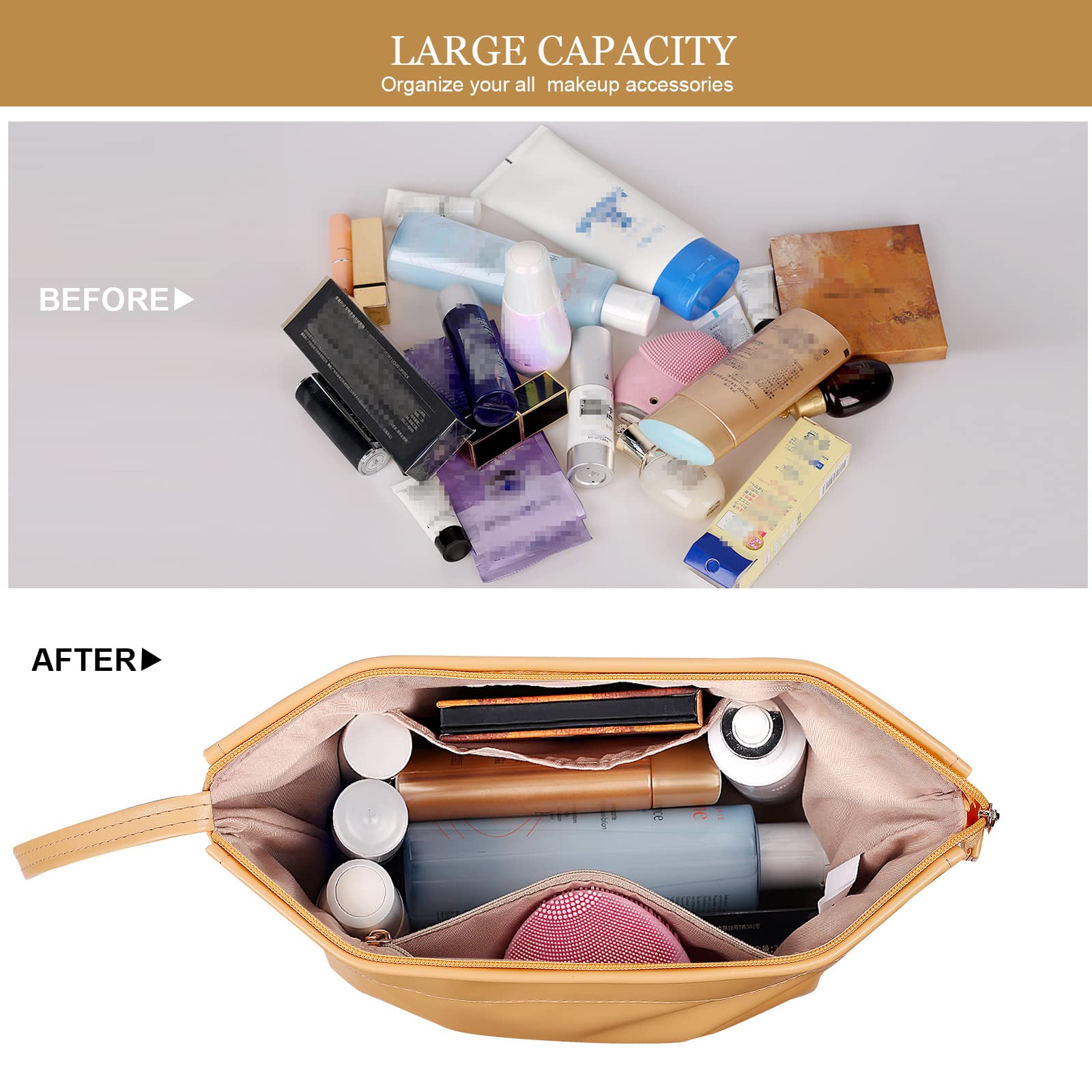 Abiudeng Large Makeup Bag for Women,Travel Makeup Organizer with Brush Holder, Dopp Kit Essentials,Waterproof PU Cosmetic Bag for Traveling,Multi Compartment, Cute,Spacious Capacity-yellow