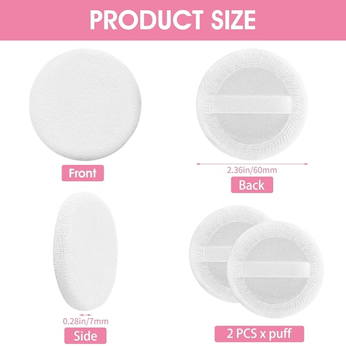 Sibba Powder-Puff 2PCS Cotton Cosmetic Face Makeup Velour Powder Pads with Ribbon for Loose and Foundation Round White Dry Puff Suitable for Eyeshadow Blush Concealer and etc.