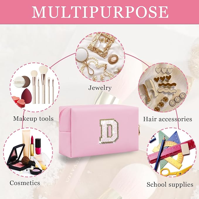 Personalized Initial Letter Makeup Bag, Preppy Glitter Letter Patch Cosmetic Pouch Zipper,PU Waterproof Travel Toiletry Bag Cute Makeup Organizer Monogrammed Make Up Bag,Gift for Women Girls