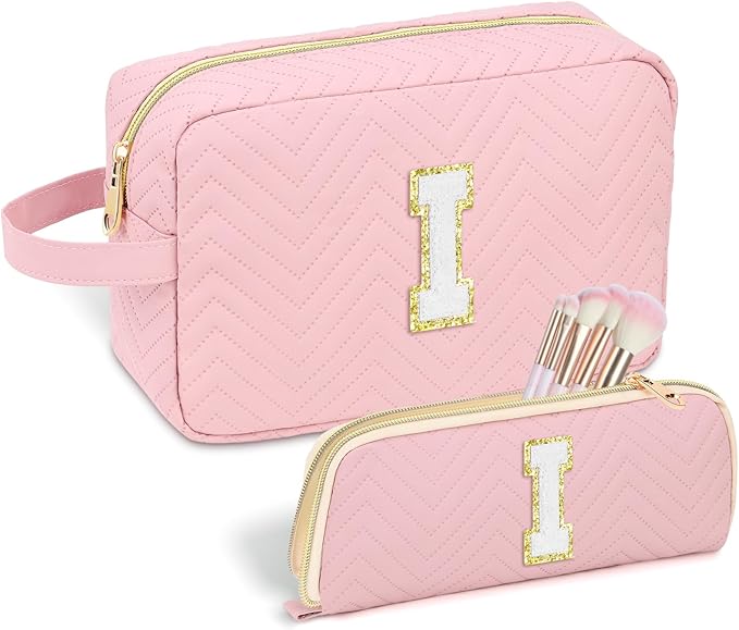 Sernaxi Personalized Initial Makeup Bag Waterproof Leather Cosmetic Bag Travel Toiletry Bag, Valentine’s Day Gift Makeup Organizer Case & Makeup Pouch for Women Teen Girls Mom Girlfriend Wife