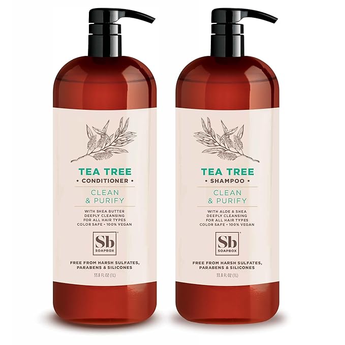 Soapbox Tea Tree Oil & Mint Shampoo & Conditioner Set, Leaves Hair & Scalp Balanced & Soothed - Clean Ingredients Free of Harsh Chemicals, Sulfates, Parabens & Silicones - 1 Liter Each