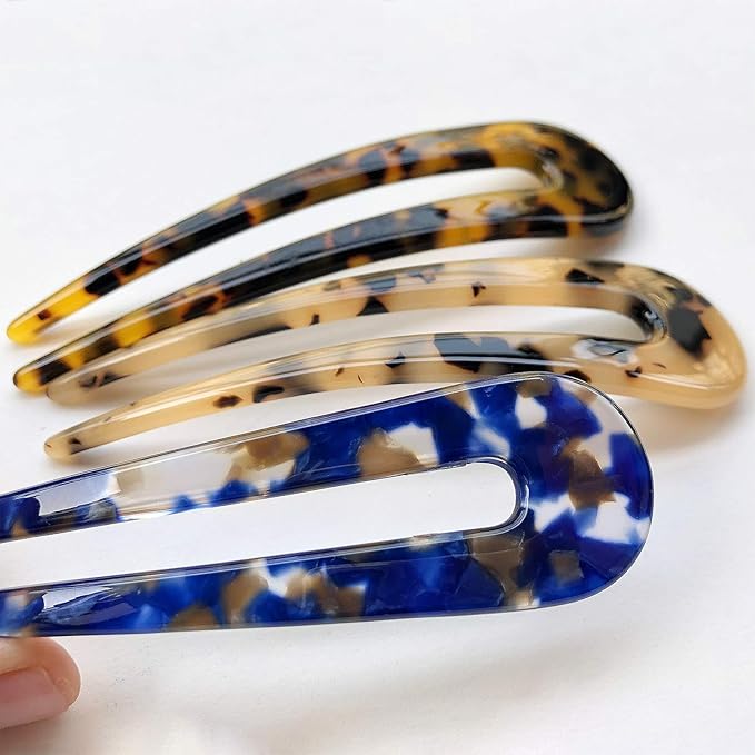 HYFEEL French Hair Forks Tortoise Shell U Shape Updo Hair Pins Clips for Thin Thick Hair, 4.3 inch Classic Cellulose Acetate 2 Prong Bun Hair Sticks Chignon Women Vintage Hairstyle Accessories, 3 Pack
