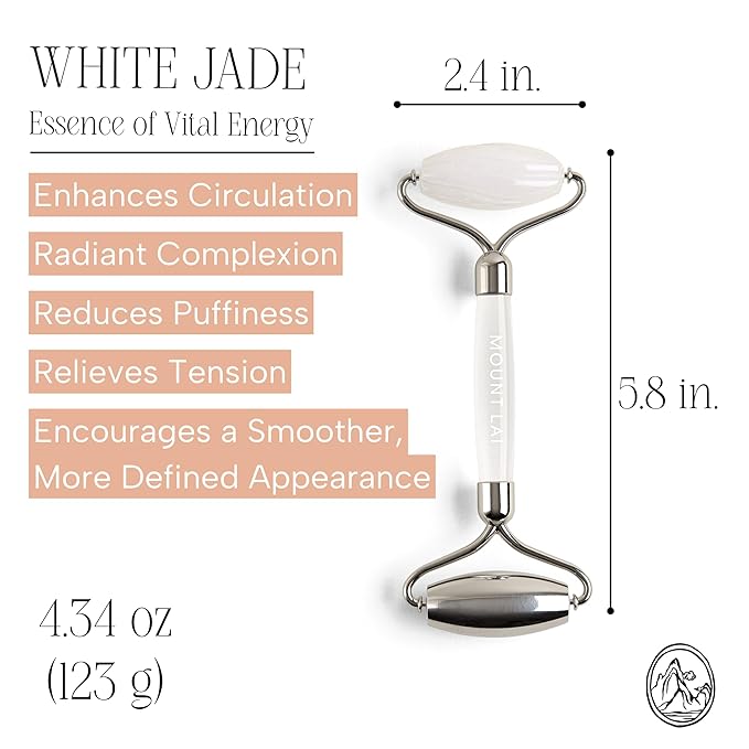 Mount Lai The Vitality Qi White Jade & Stainless Steel Face Roller - The Stone of Harmony and Clarity, Facial Massager Tool for Soothing, Refreshing & Radiant-Looking Skin, Self-Care Ritual