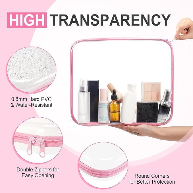 Hoolerry 3 Pcs Clear Hard Zipper Case Hard Plastic Zipper Pouch Makeup Bag Portable Travel Organizer for Cosmetics, Office Supplies, Documents & Toiletries(Pink,L)