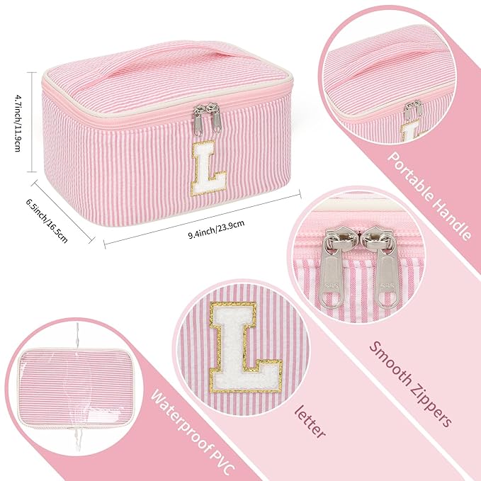 OCHEAL Makeup Bag for Women, Monogram Cosmetic Bag Pink Travel Makeup Case Beauty Toiletry Bag Organizer Personalized Gifts for Girls Bridesmaid, Sister, Wife, Friends Initial L