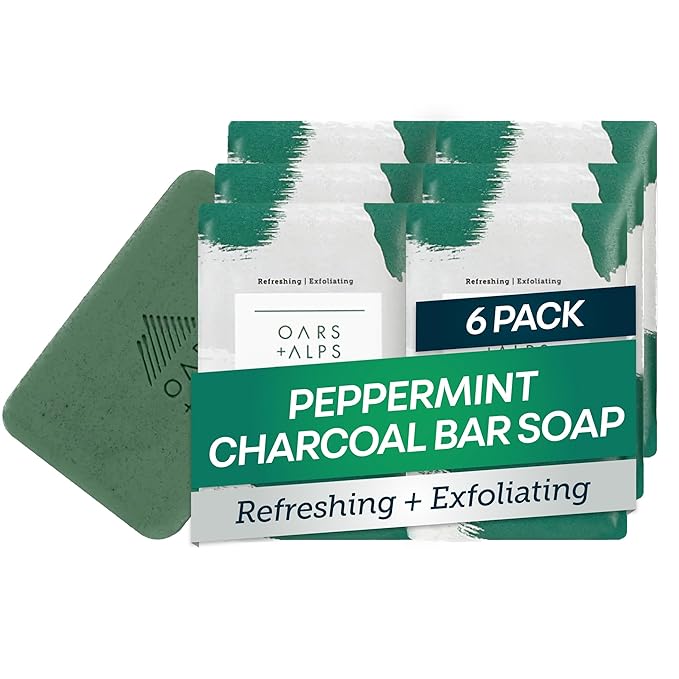 Oars + Alps Exfoliating & Moisturizing Bar Soap for Men, Deep Cleaning Soap, Clean Ingredients, All Skin Types, Peppermint Charcoal, 6pk