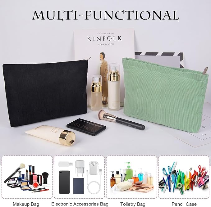 FITDON 2PCS Cosmetic Bags for Women Makeup Bag for Purse Small Corduroy Makeup Pouch Travel Make Up Bag with Zipper Toiletry Bag Organizer, Lightgreen