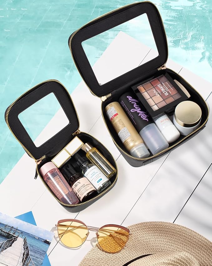 KOTORA Clear Sunscreen Makeup Bag Organizer Set,Portable Travel Toiletry Case for Women, Vegan Leather Cosmetic Pouch Beach Essentials Make Up Bag Organizer Storage Traveling (Black)