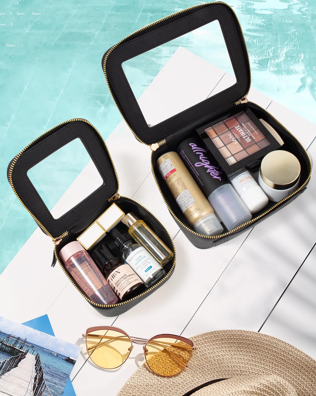 KOTORA Clear Sunscreen Makeup Bag Organizer Set,Portable Travel Toiletry Case for Women, Vegan Leather Cosmetic Pouch Beach Essentials Make Up Bag Organizer Storage Traveling (Black)