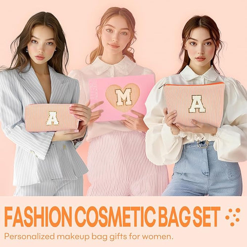 2 PCS Initial Makeup Bags for Women: Cosmetic Bag for Travel Toiletry - Birthday Gifts for 11 12 13 14 15 16 17 18 Years Old Girl Graduation Teacher Gift- Teen Girl Gifts Trendy Stuff - Orange S