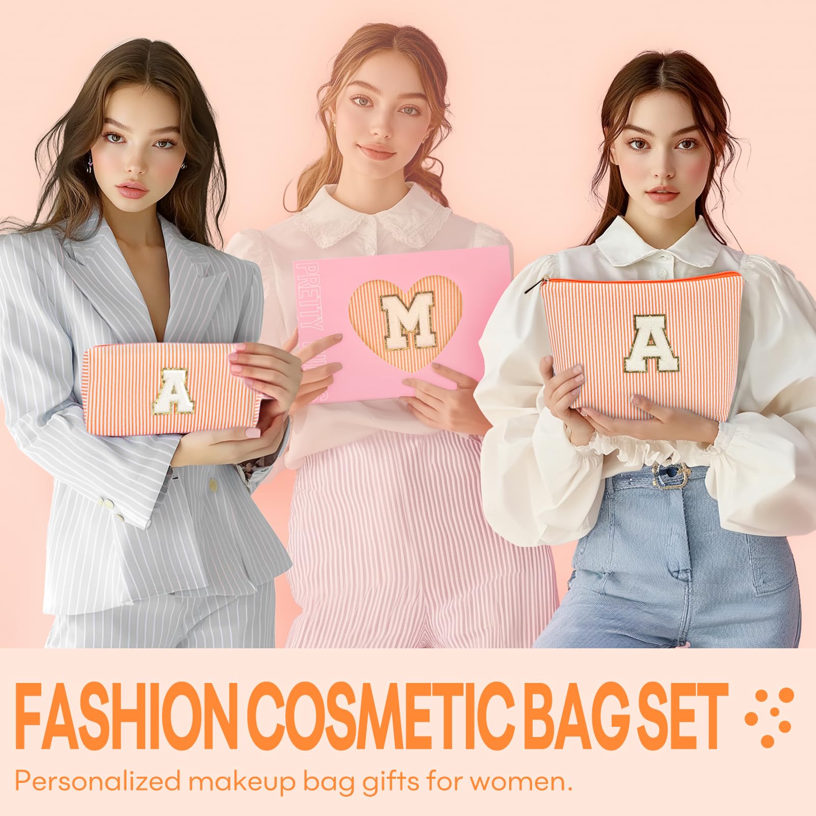 mibasies 2 PCS Initial Makeup Bags for Women: Cosmetic Bag for Travel Toiletry - Personalized Cute Makeup Pouch - Gifts for Grilfriend Wife Moms Bridesmaid - Retirement Travel Gifts - Orange E
