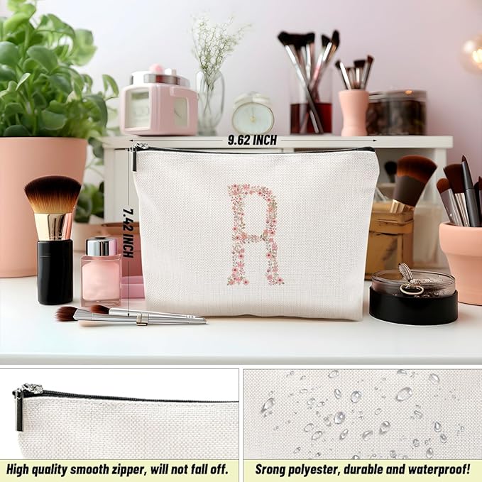Initial Makeup Bag Floral R Personalized Cosmetic Bag Monogrammed Gifts for Women Girls Bride Bridesmaid Monogram Zipper Pouch for Teacher Appreciation Mothers Day Birthday Wedding Bridal Shower Gifts
