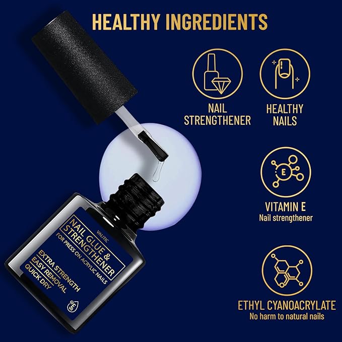 Valitic Strong Nail Glue and Strengthener for Acrylic and Press On Nails - Quick Dry Brush On Gel for Long Lasting Effect - Adhesive Nail Bond for False Nails with Tips Strengthener - 2 Pack