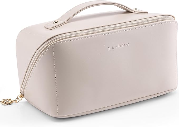 VLANDO Makeup Bag,Women Travel Toiletry Case,Carry Handle,Off White