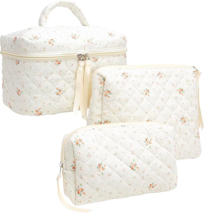 3 Piece Quilted Makeup Bag Set for Women,Cosmetic&Toiletry Bag,Floral White