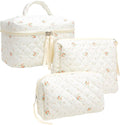 3 Piece Quilted Makeup Bag Set for Women,Cosmetic&Toiletry Bag,Floral White