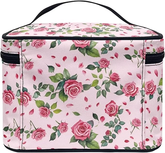 Drydeepin Rose Hearts Valentine's Day Print Travel Makeup Bags for Women Portable Tote Cosmetic Case with Carry Handle Toiletry Accessories Storage Organizer Bags