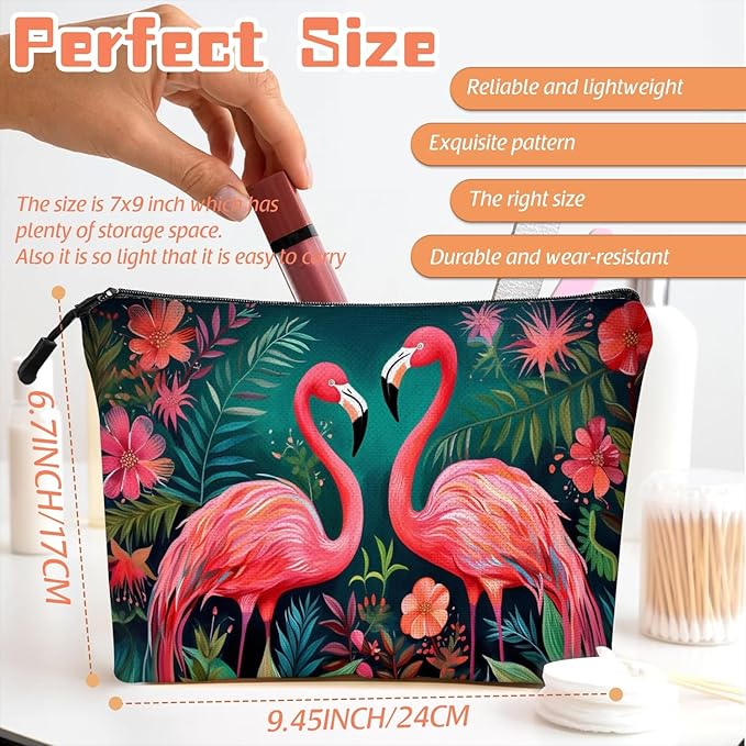 Scribesense Cosmetic Bags Travel Makeup Toilet Case Waterproof Pouch for Women Girls 6.7X9.45inches - Two Flamingos in A Tropical Floral Setting