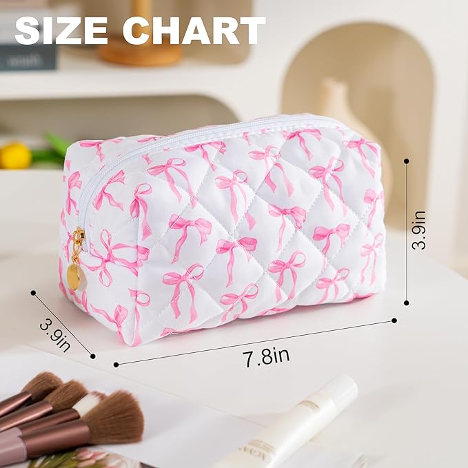 UUYUUY Makeup Bag Travel Toiletry Bag for Women, Small Cosmetic Bags Cute Quilted Cotton Makeup Pouch for Purse Emergency Bag Pencil Case Accessory Bag, Ribbon Bow