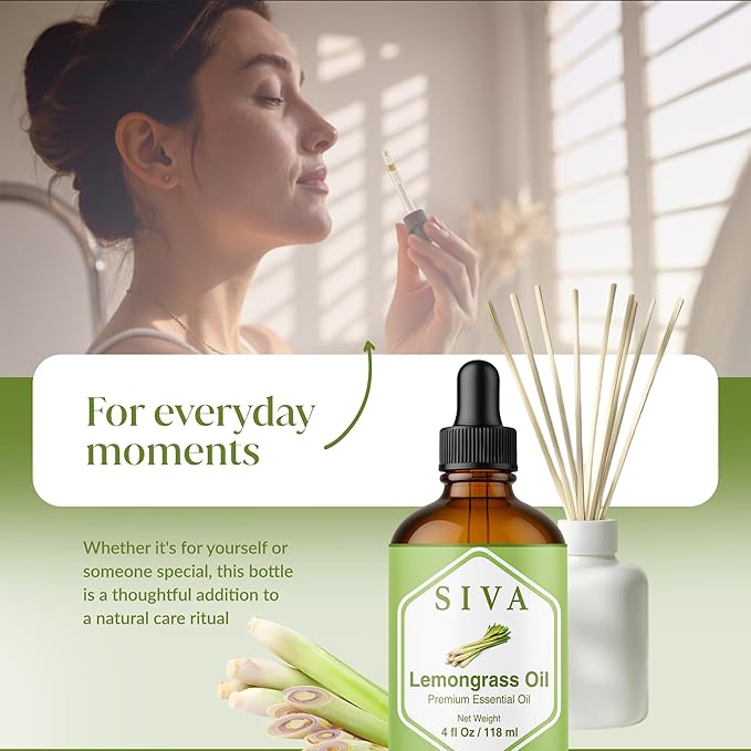Siva Lemongrass Essential Oil 4 Fl Oz – for Diffuser, Skin & Hair Care – Ideal for Massage & DIY Blends- with Dropper