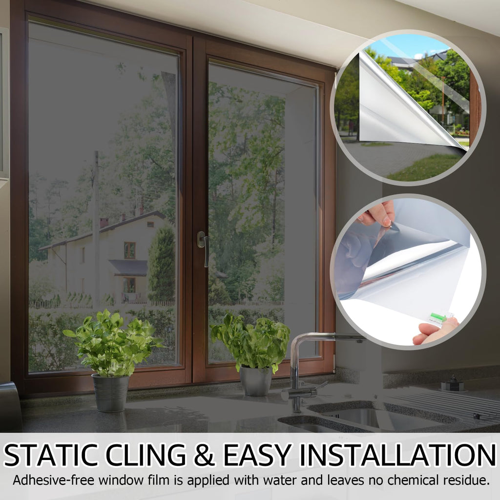 HIDBEA One Way Window Film, Daytime Privacy Sun Blocking Reflective Window Film No Glue Static Cling Heat Control Window Tinting Film for Home and Office, Black Silver, 23.6 x 78.7 Inch