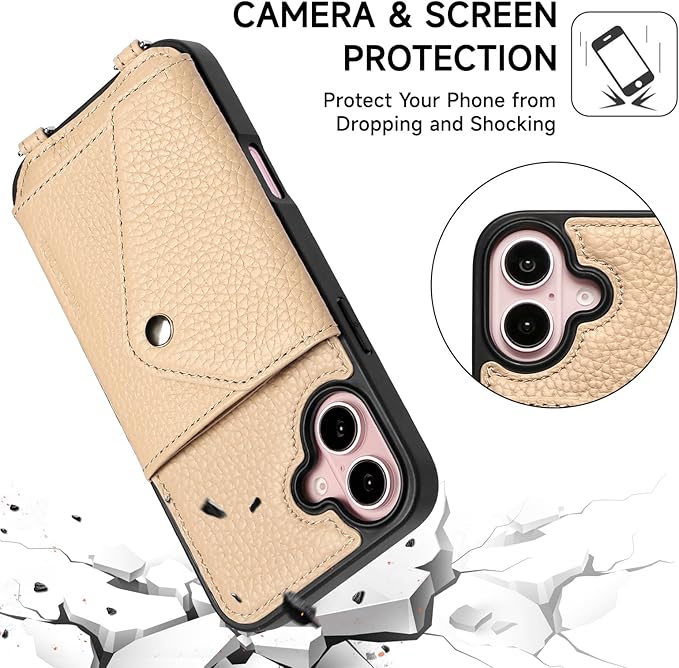 LUCKYCOIN Crossbody Phone Case for iPhone 16 Plus,100% Genuine Leather Phone Wallet Case for Women, Premium Hands-Free Phone Purse with Expandable Flip Card Holder & Adjustable Strap - Pebble Beige