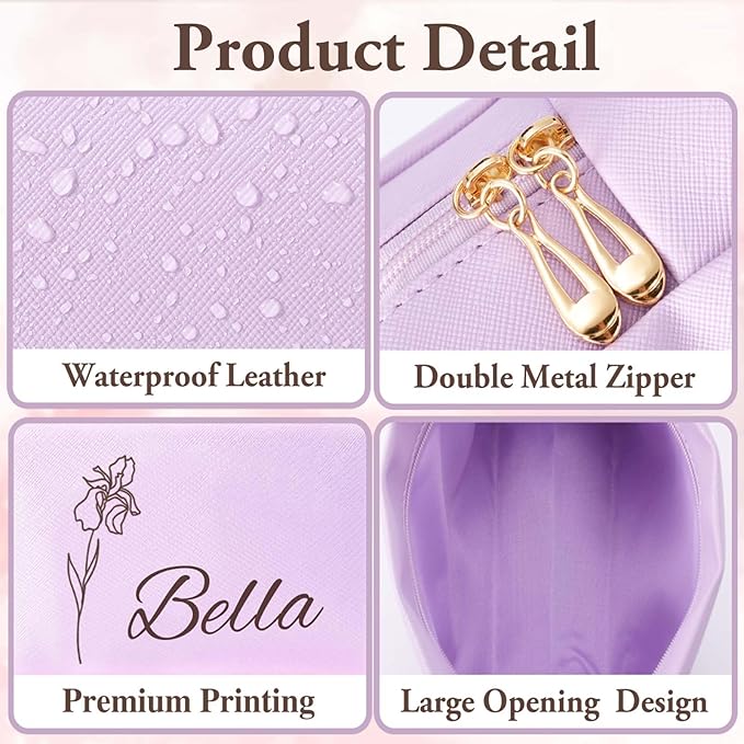 Fincekoom Personalized Makeup Bag with Name & Birth Flower, Custom Leather Cosmetic Bags for Women, Customized Travel Toiletry Bag Gifts for Bridesmaid Wedding