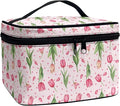 Drydeepin Pink Tulip Floral Heart Print Travel Makeup Bags for Women Portable Tote Cosmetic Case with Carry Handle Toiletry Accessories Storage Organizer Bags for Valentine's Day Mother's Day