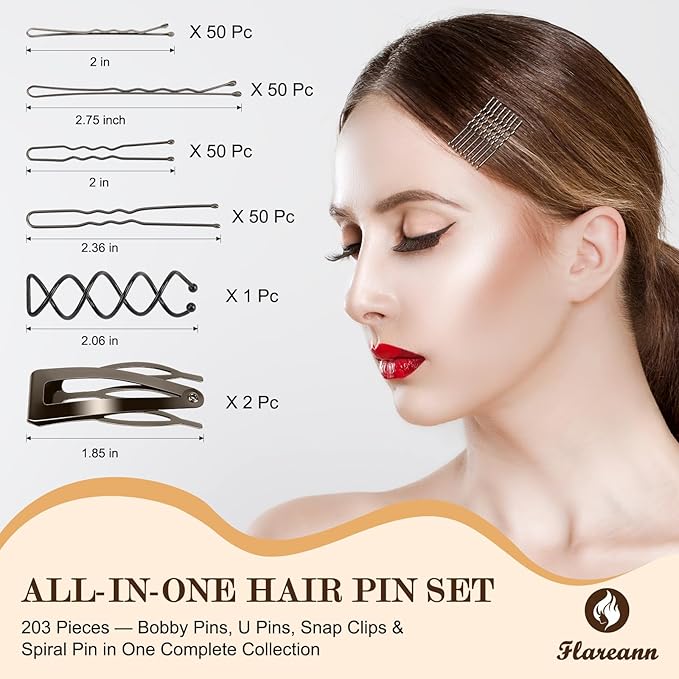 FLAREANN Gray Bobby Pins Set with U Shape Pins, Spiral Pin & Snap Clips