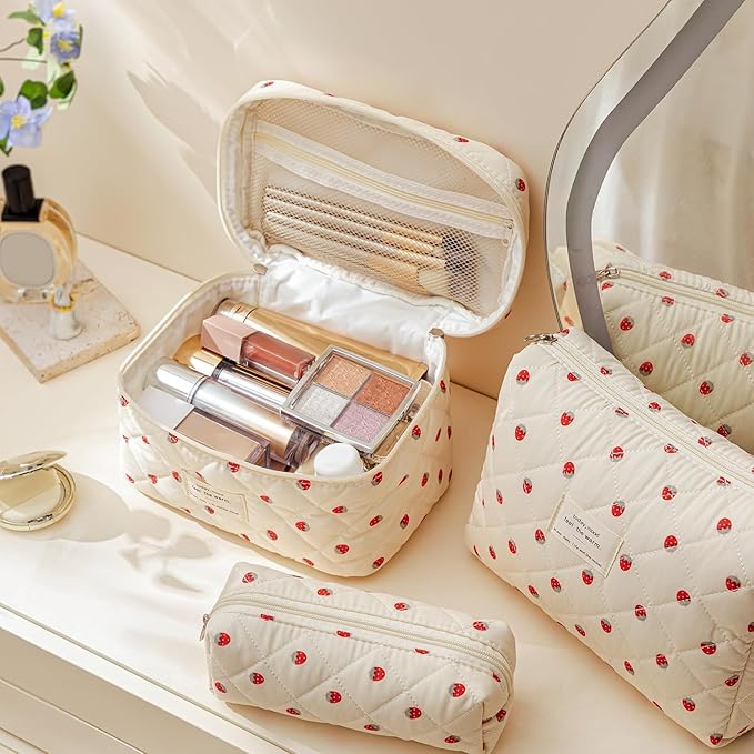 HBselect Quilted Makeup Bag, 3Pcs Cotton Large Travel Makeup Bags Organizer