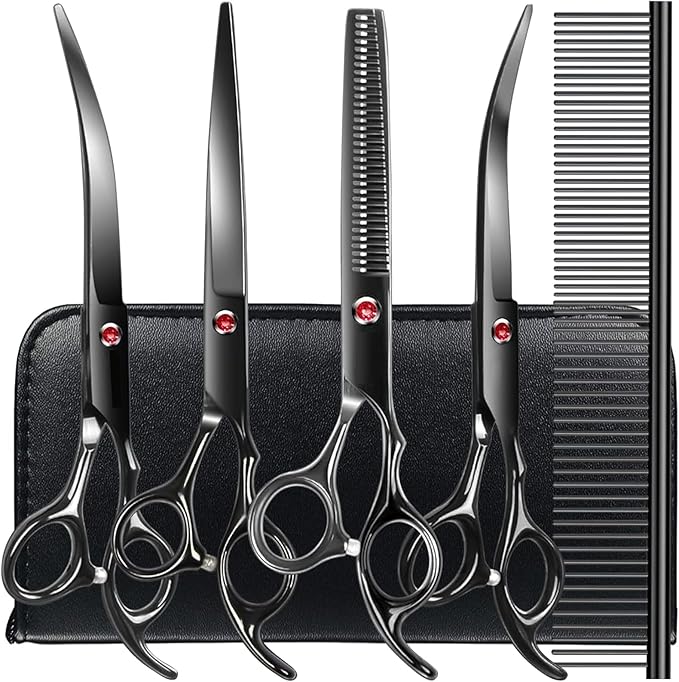 TINMARDA Dog Grooming Kit, Titanium Black Stainless Steel Dog Grooming Scissors with Curved Shears, Black Finger Rings - 5 Piece Sharp Durable Pet Shears for Dogs Cats At Home Salon-Quality Grooming