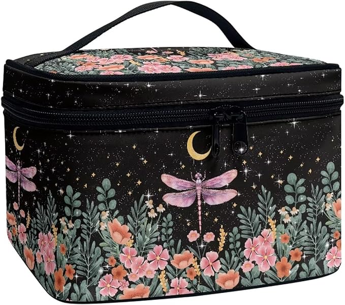 Drydeepin Dragonfly Floral Moon Pattern Makeup Bag Travel Cosmetic Bag with Zipper and Handle Portable Large Capacity Toiletry Case for Women Ladies Travel Accessories