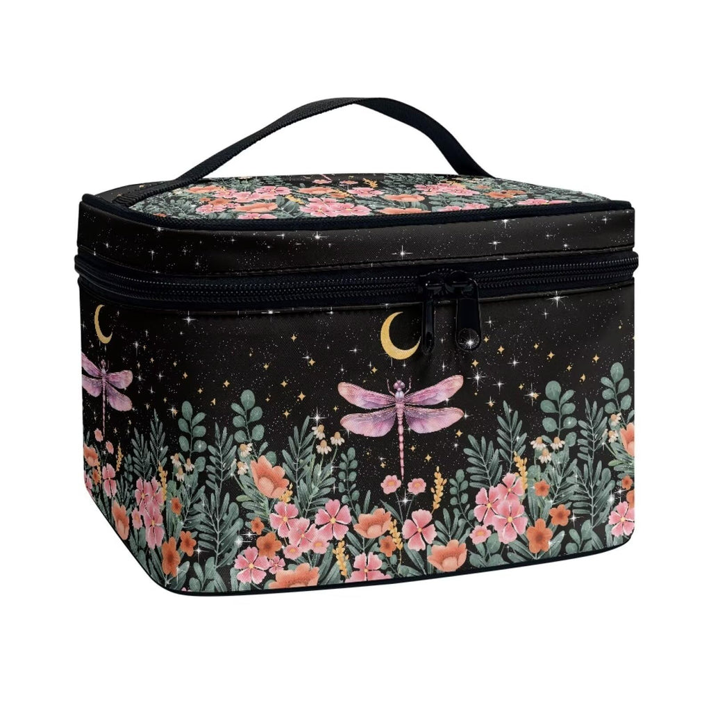 Drydeepin Dragonfly Floral Moon Pattern Makeup Bag Travel Cosmetic Bag with Zipper and Handle Portable Large Capacity Toiletry Case for Women Ladies Travel Accessories
