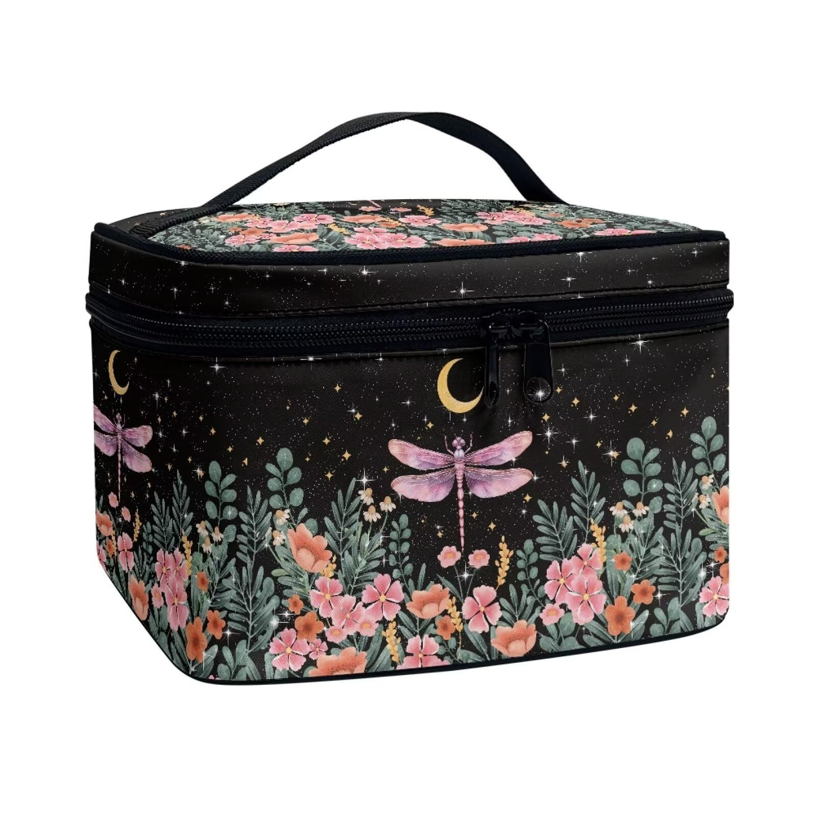 Drydeepin Dragonfly Floral Moon Pattern Makeup Bag Travel Cosmetic Bag with Zipper and Handle Portable Large Capacity Toiletry Case for Women Ladies Travel Accessories