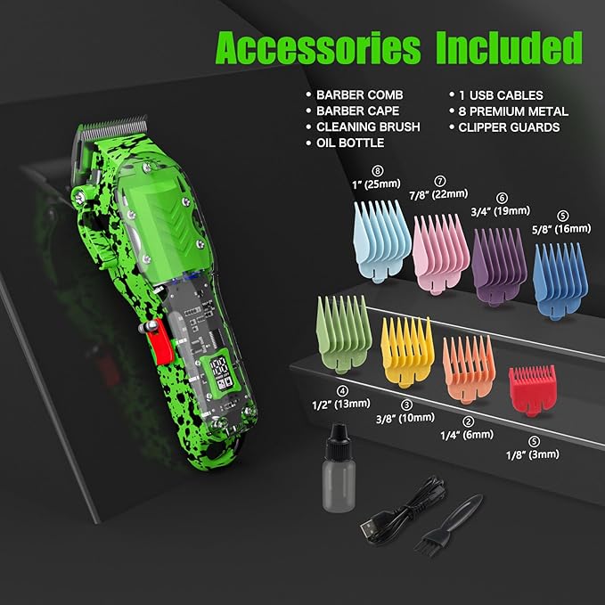 Tuanchuanrp Professional Hair Clippers for Men, Cordless Barber kit for Hair Cutting & Grooming, Hair Clippers Set for Barber Haircut with LED Display 8 Fade Taper Combs(Green)