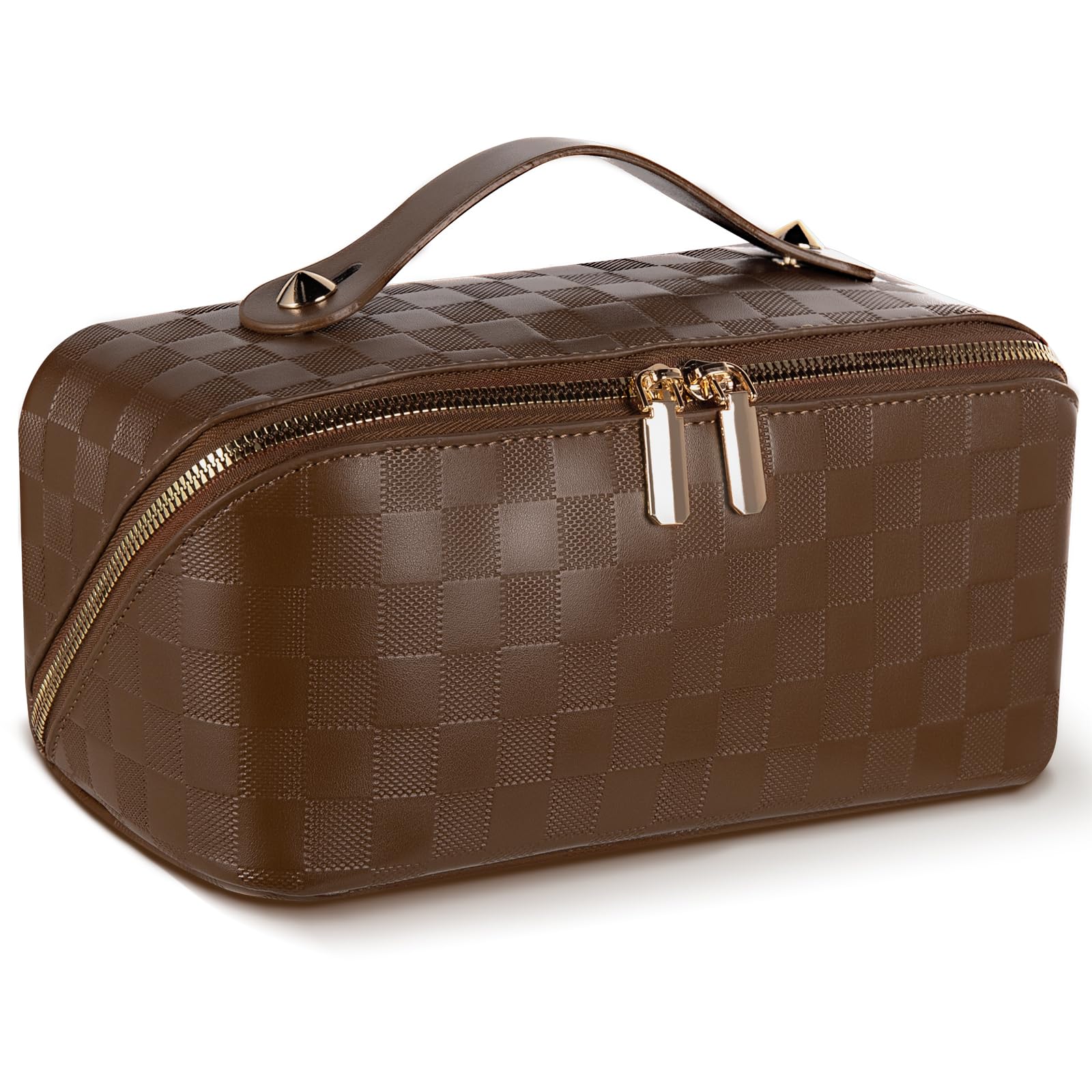 Abiudeng Travel Makeup Bag,Large Capacity Toiletry Bag Cosmetic Bags for Travel Essentials,Waterproof Portable Pouch Open Flat Makeup bag Organizer with Divider and Handle(Checkered-Brown)
