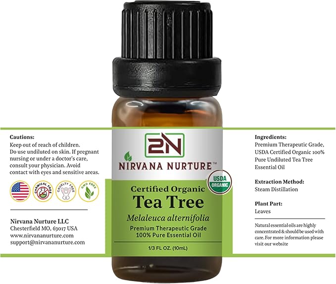 Nirvana Nurture Tea Tree Essential Oil, USDA Certified Organic, 100% Pure Undiluted, Aromatherapy Oil for Diffuser, Hair & Skin Care